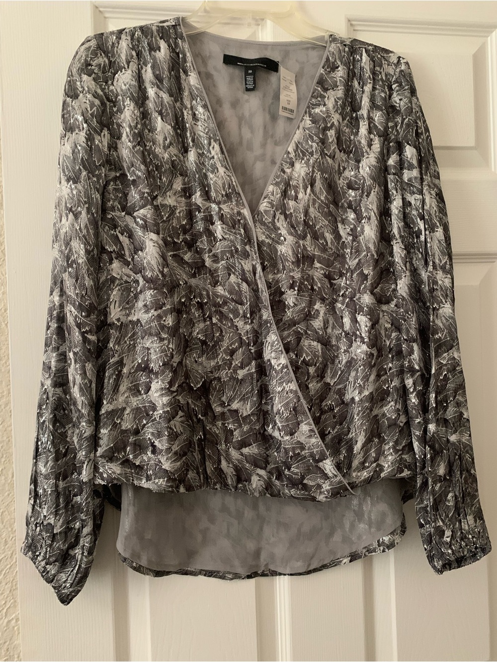 White House Black Market Black and Gray Printed Surplice Blouse